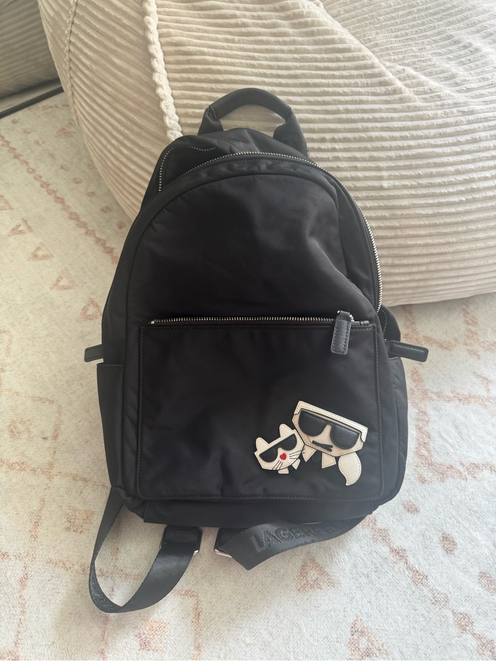 Karl Lagerfeld Black Mini Backpack with Character Patch Duo